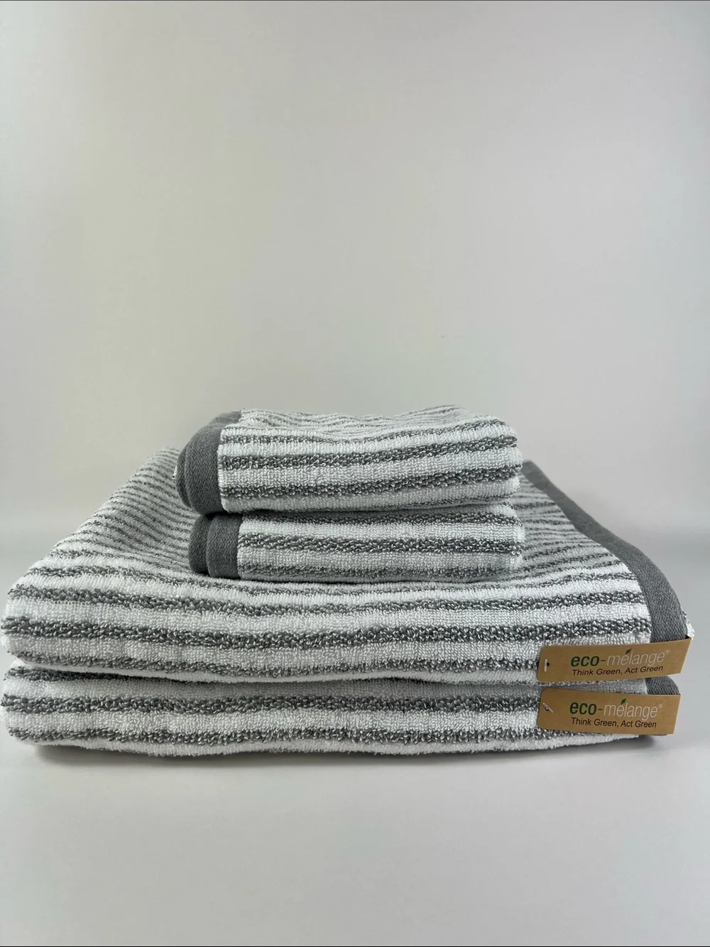 Eco Melange Bath Towels Light Gray & White Striped Soft Cotton Set of 4 NEW